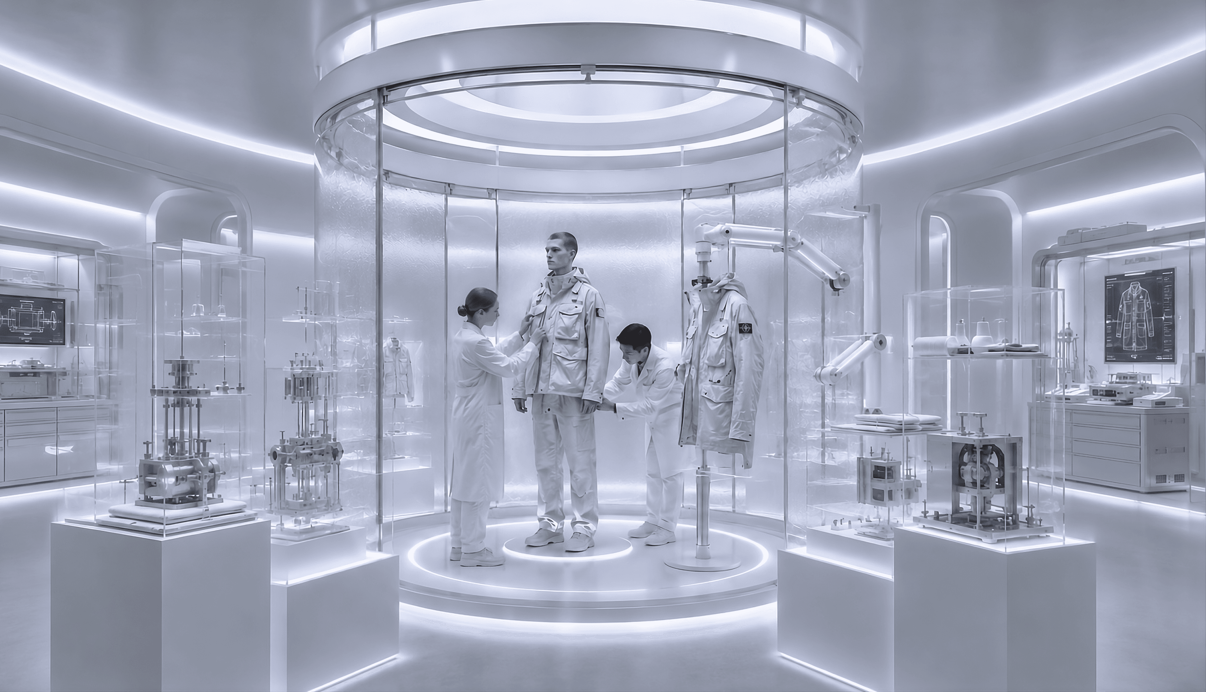 Two technicians fitting a garment on a model inside a circular Environmental Design testing chamber