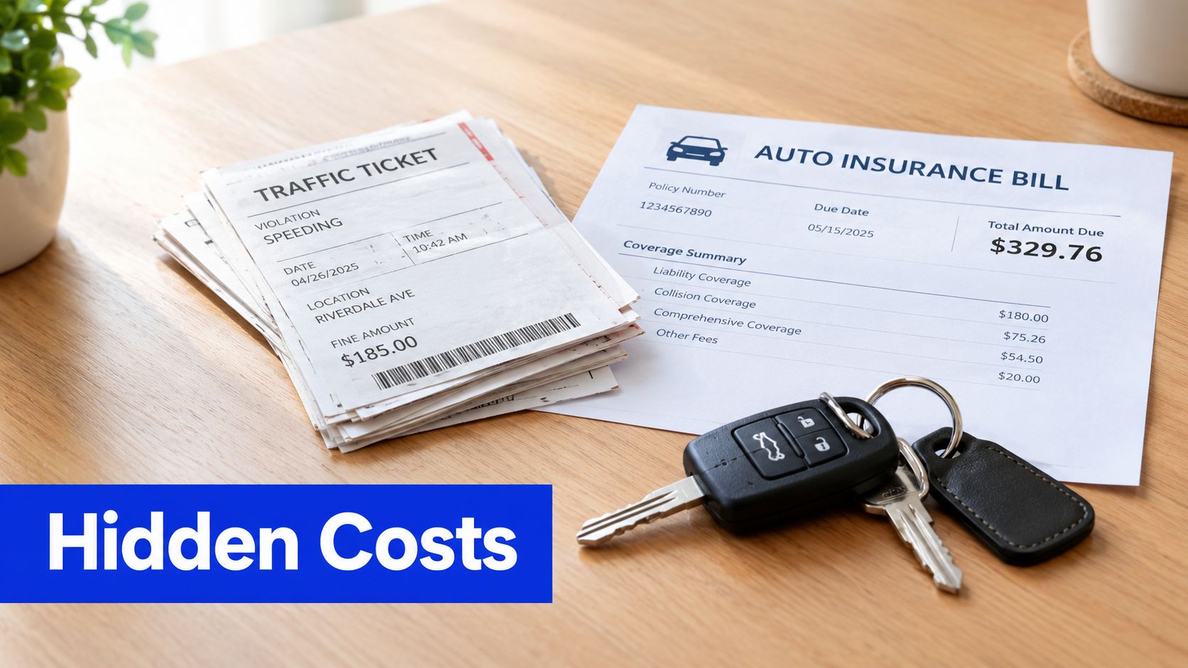 A stack of traffic tickets next to an auto insurance bill and car keys on a wooden table.