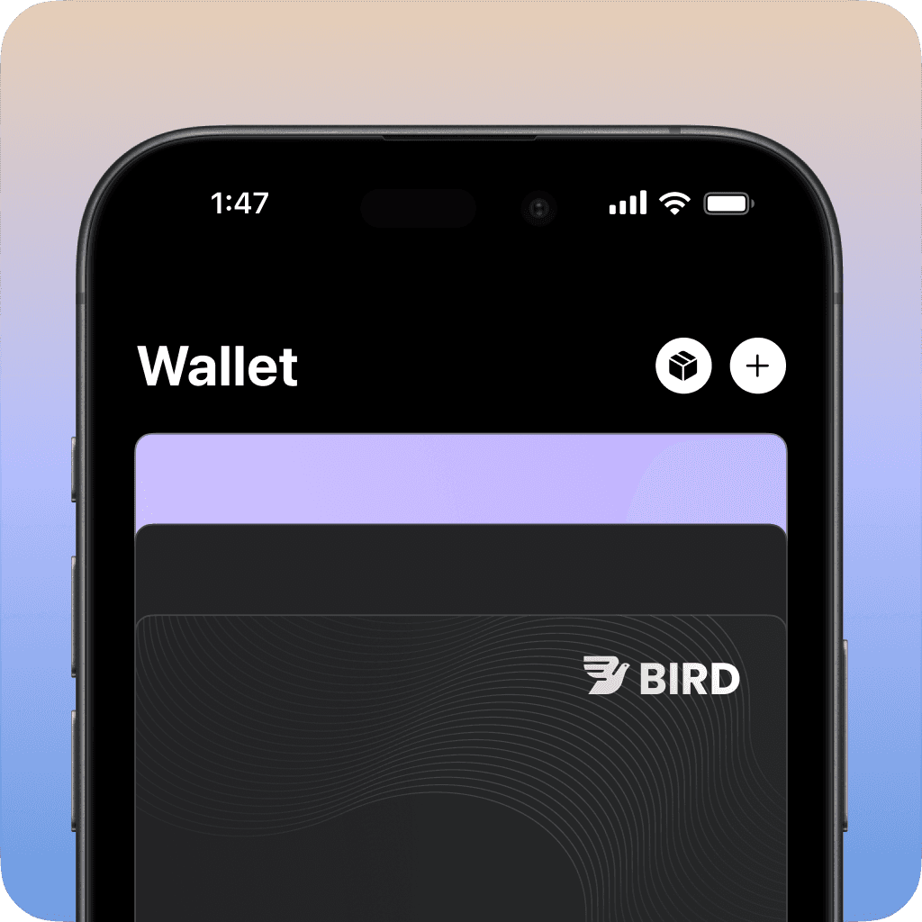 Mobile wallet interface showing stacked payment cards with Bird branding