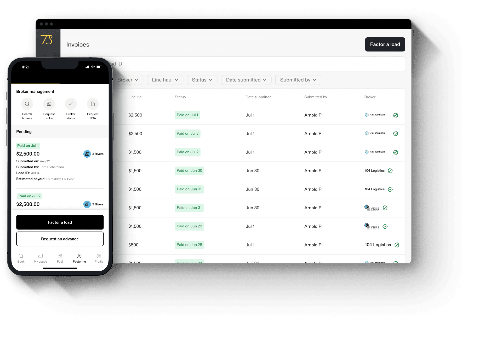 TruckSmarter freight factoring screens showing account balance, how to factor a load, payments, uploading docs, and the debit card