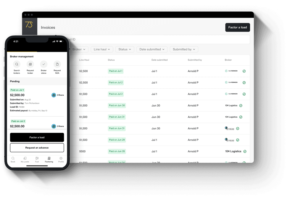 TruckSmarter freight factoring screens showing account balance, how to factor a load, payments, uploading docs, and the debit card