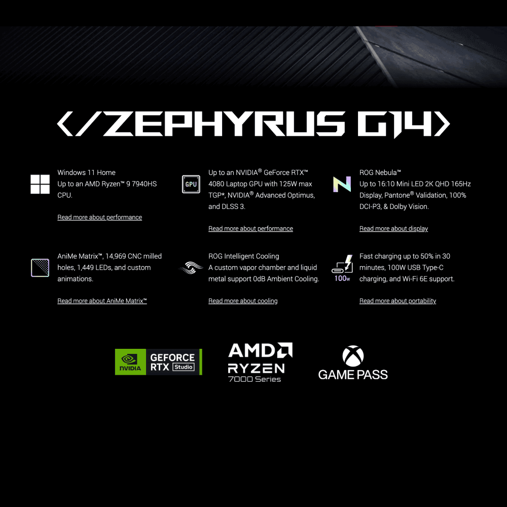 ASUS ROG Zephyrus G14 (2023) Specs, Nvidia Gerforce RTX GPU, AMD Ryzen 7000 series, Free 1 year Xbox Gamepass