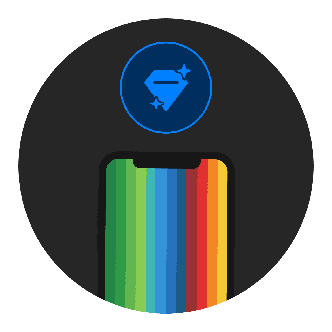 Gele hand die een telefoon vasthoudt waarop bunq-kaarten worden weergegeven, met een blauw locatiepictogram erboven.