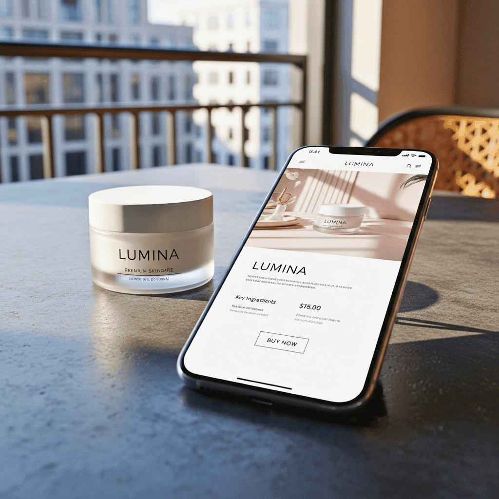 Mockup de diseño web responsivo en smartphone para e-commerce de cosmética Lumina, mostrando la interfaz móvil UI junto al producto físico en un entorno soleado.
