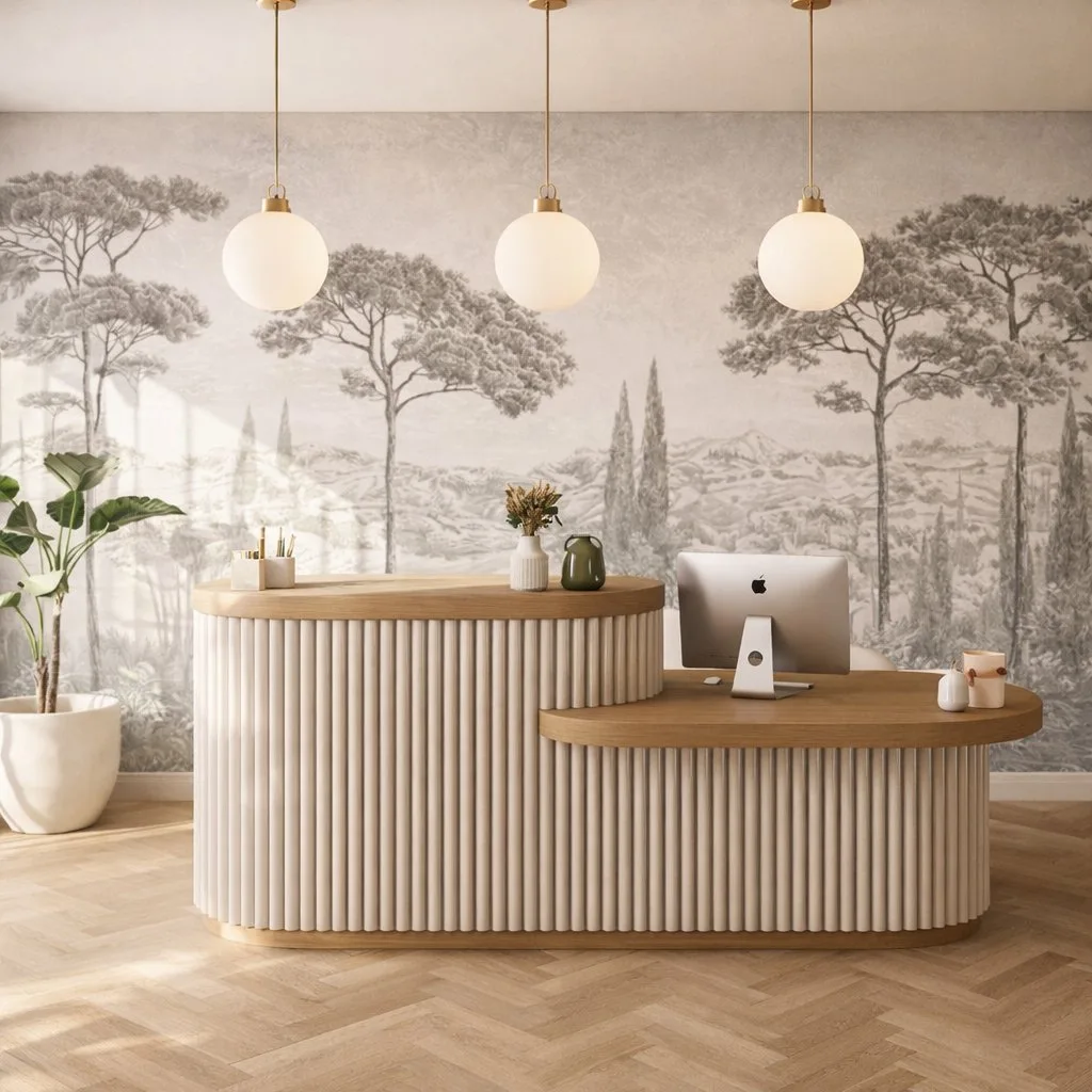 Accueil d'un cabinet professionnel aménagé à Bordeaux par Eva Hostein, architecte d'intérieur spécialisée ERP – bureau ovale cannelé, luminaires dorés, papier peint panoramique