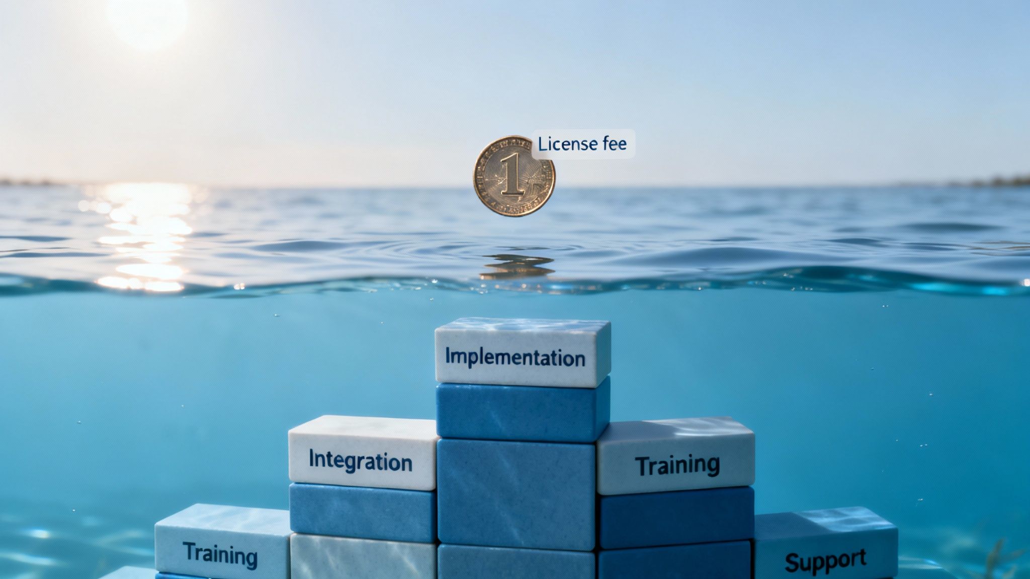 A coin labeled License fee floats above water, while underwater blocks show Integration, Implementation, Training, and Support.