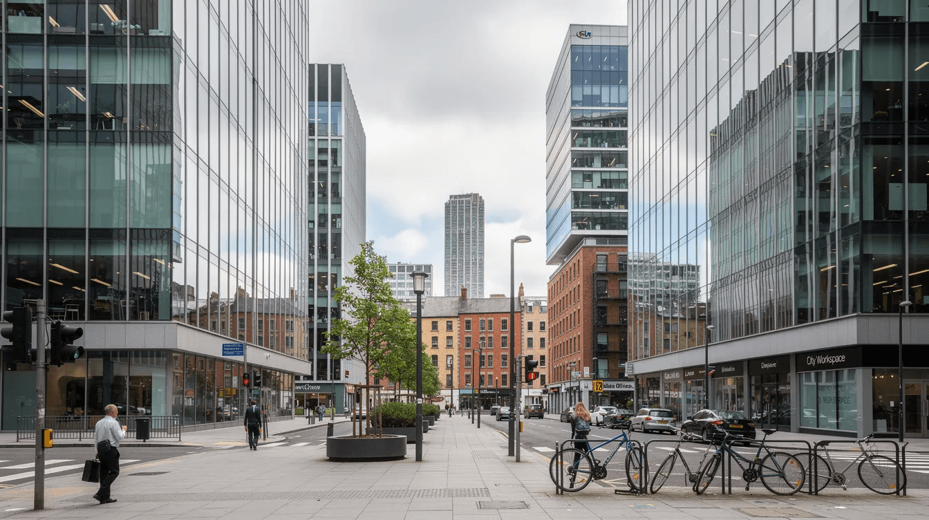 L'image montre un paysage urbain moderne de Dublin, avec des immeubles de bureaux contemporains qui se dressent contre un ciel bleu. Ce cadre dynamique évoque l'activité du commerce électronique et du dropshipping, où les entrepreneurs peuvent lancer leur boutique en ligne et gérer leurs produits avec efficacité.