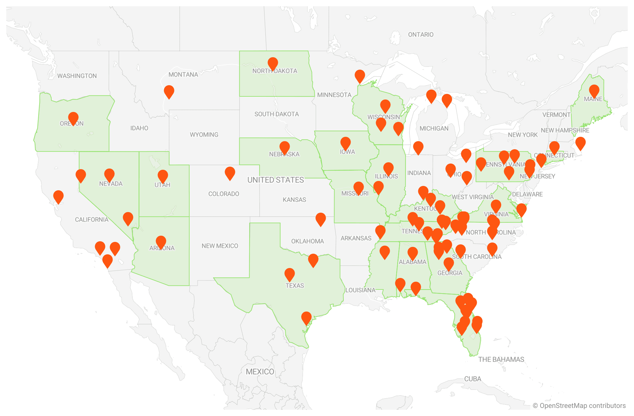 Pins on a USA map showing the Clients for Arrivalist