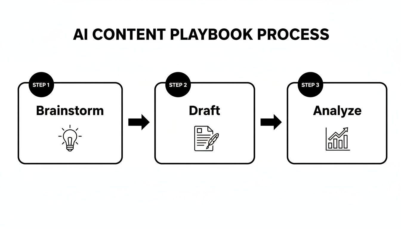 Flowchart showing AI content playbook process with steps: brainstorm, draft, and analyze.