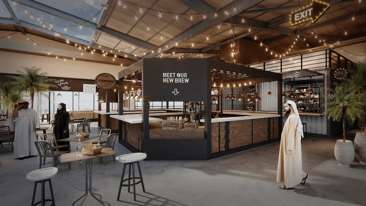 Interior render open plan restaurant with decorative lights