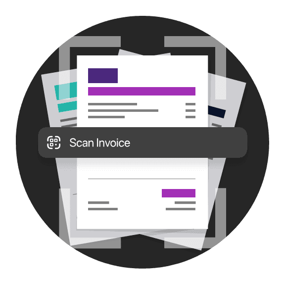 Graphic showing documents stacked with a toolbar labeled "Export" below, set against a circular background.