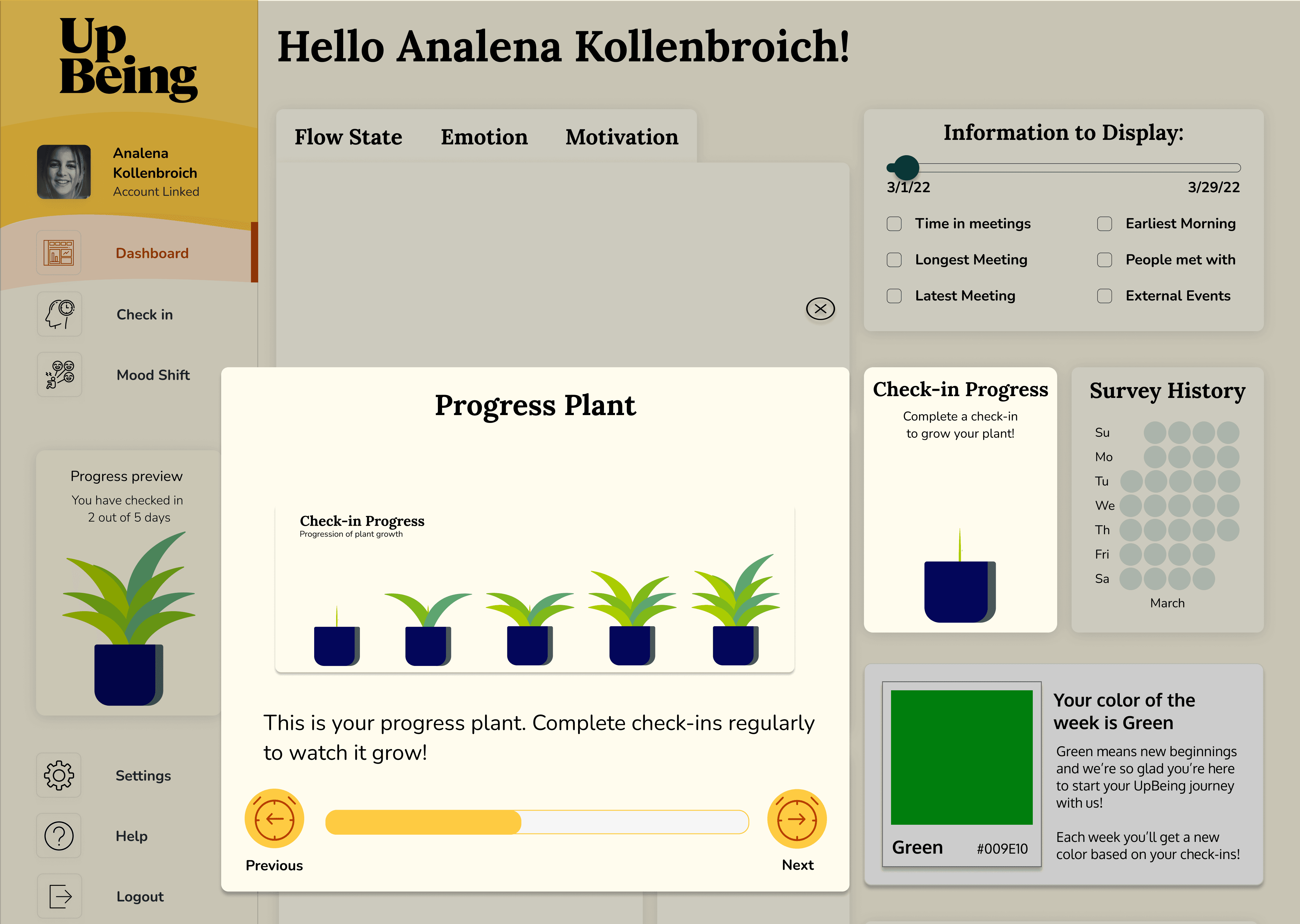 UpBeing progress tracking screen visualizing emotional progress through a plant growth metaphor, with stages displayed alongside dashboard navigation.