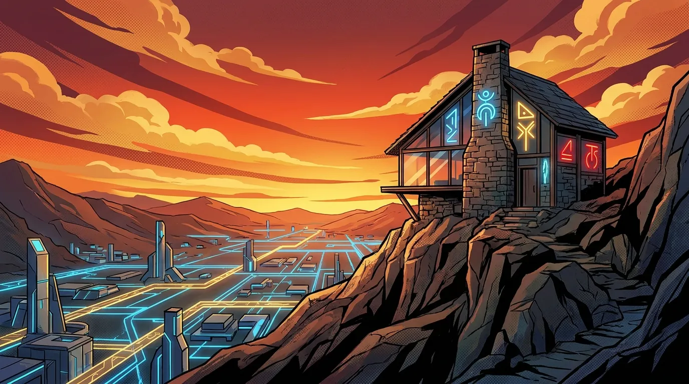 Modern house on cliff at sunset overlooking digital city. RockN' Socials Digital Marketing Agency.