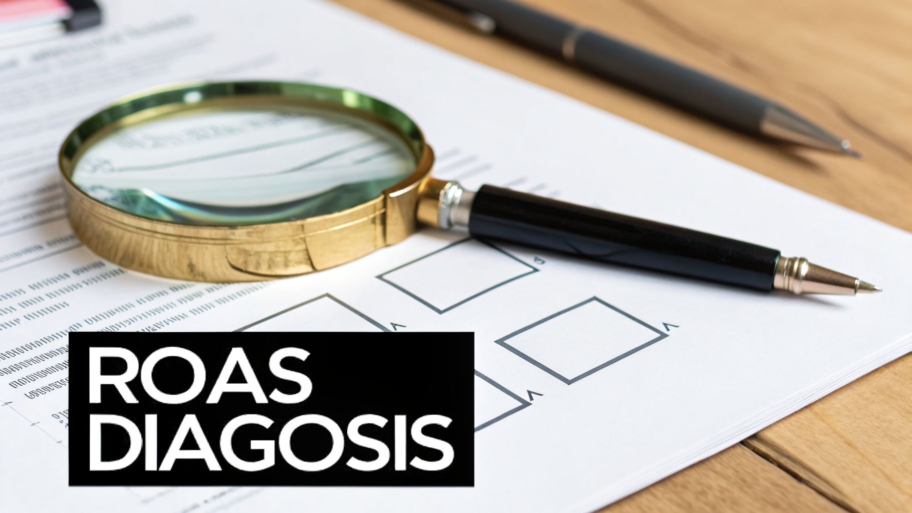 A magnifying glass and a pen rest on a document displaying 'ROAS DIAGNOSIS' text.