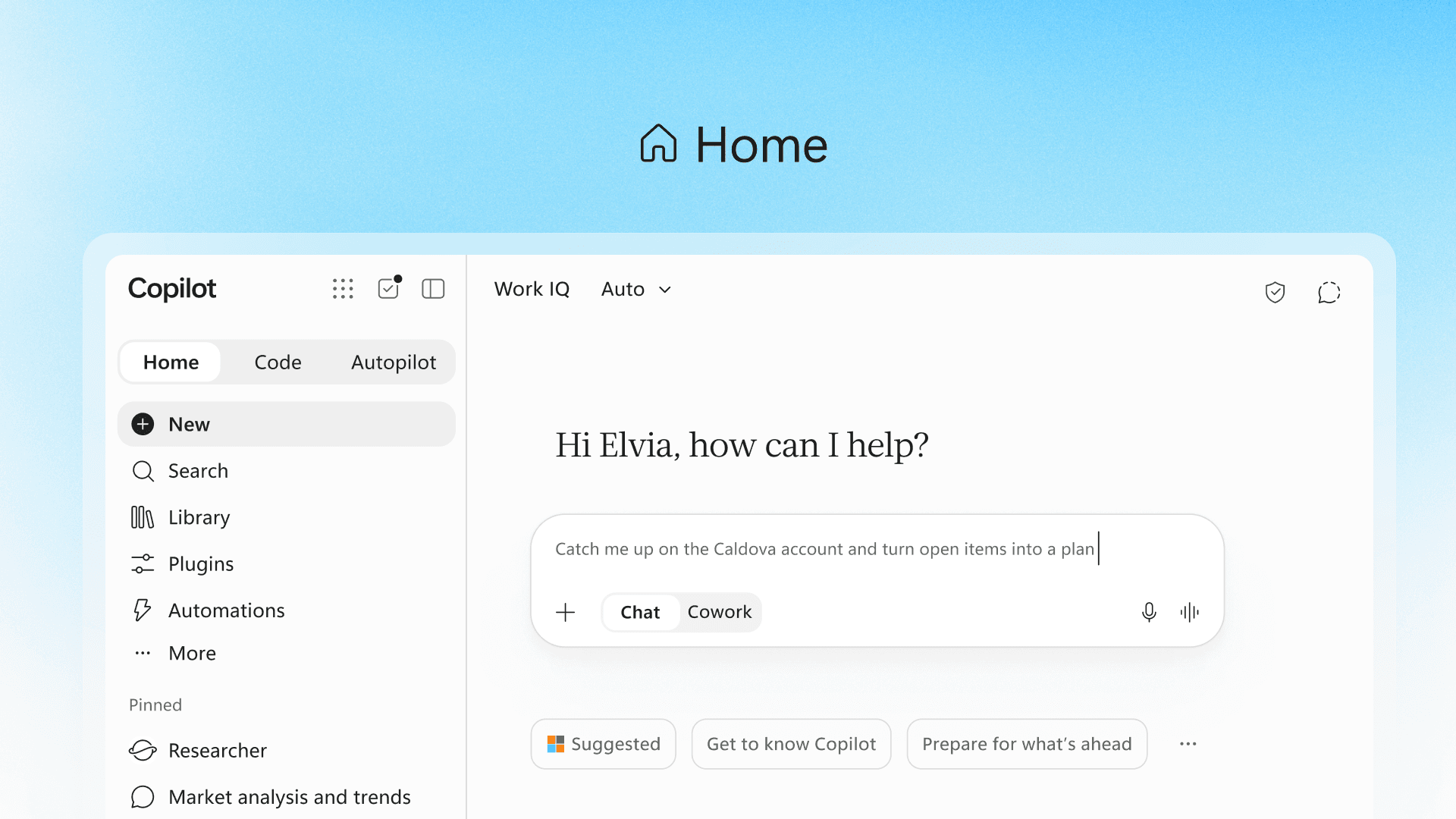 The new Copilot Home page bringing Chat and Cowork together – Image: Microsoft. Used with permission from Microsoft.