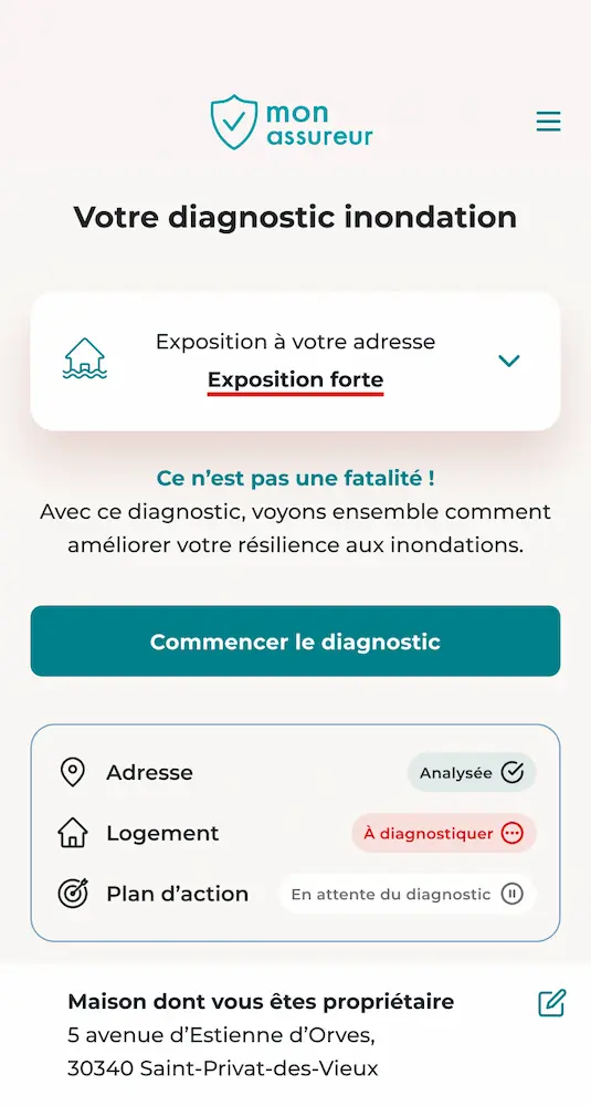 Écran principal du diagnostic dans la plateforme Geoya