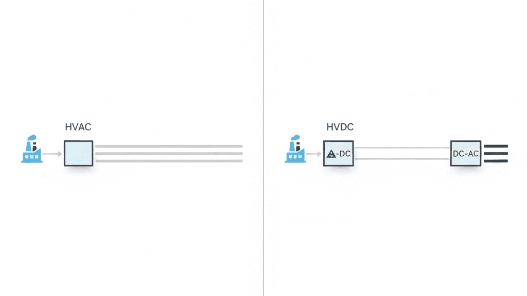 Block diagram contrasting a simple HVAC transmission chain with an HVDC chain that includes converter stations