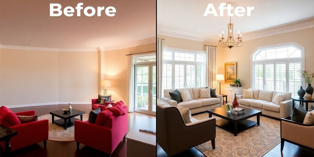 Before and after living room staging transformation.