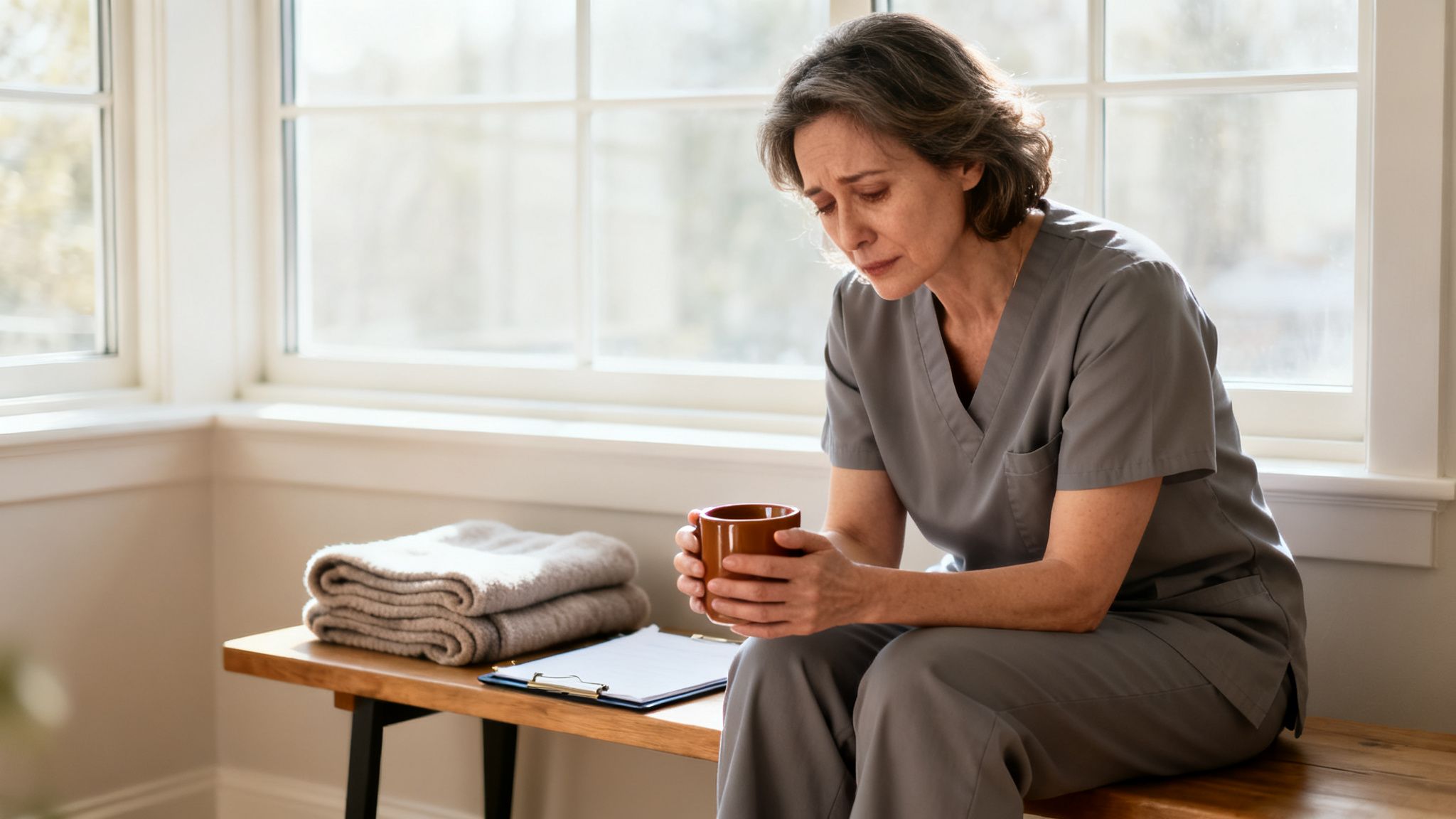 A distressed female caregiver in grey scrubs sits by a window, tearfully holding a mug.