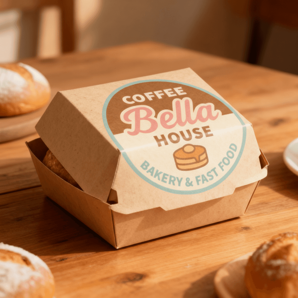 Mockup of Coffe Bella House logo applied on sandwich packaging box