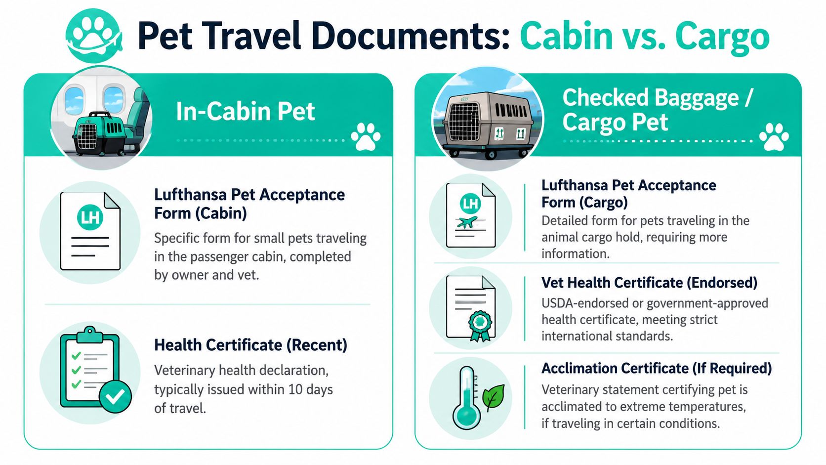 An infographic comparing required travel documents for pets flying in the cabin versus as cargo.