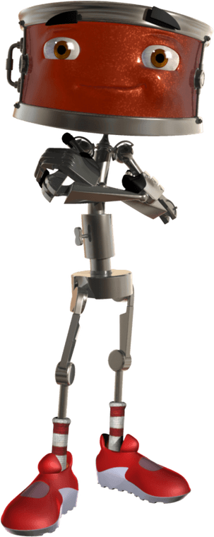 Sammy Snare, a red snare drum character on thin metal legs.