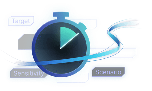 Clock symbol surrounded by Strategic Finance tags like "Scenario", "Sensitivity", and "Targets"