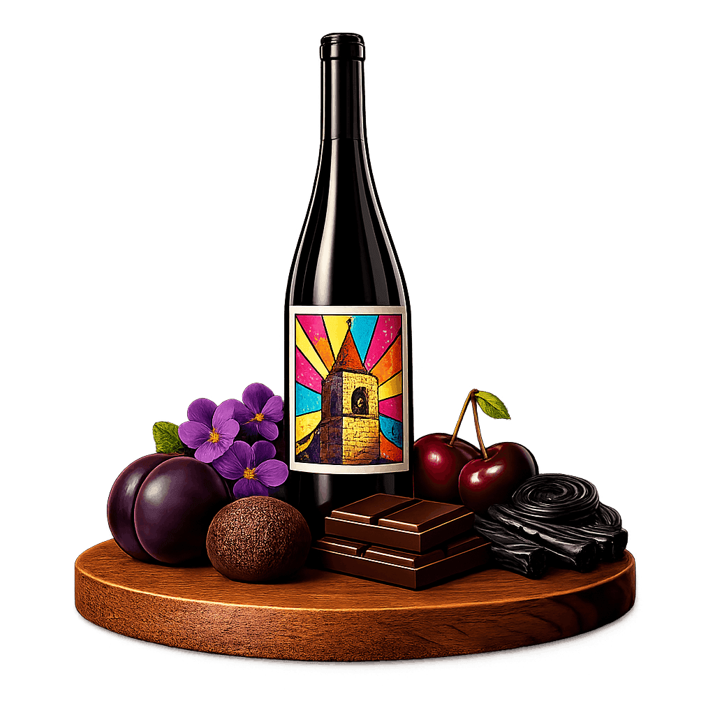 Artistic label and flavor profile for Bordeaux Right Bank on a rustic wooden table.