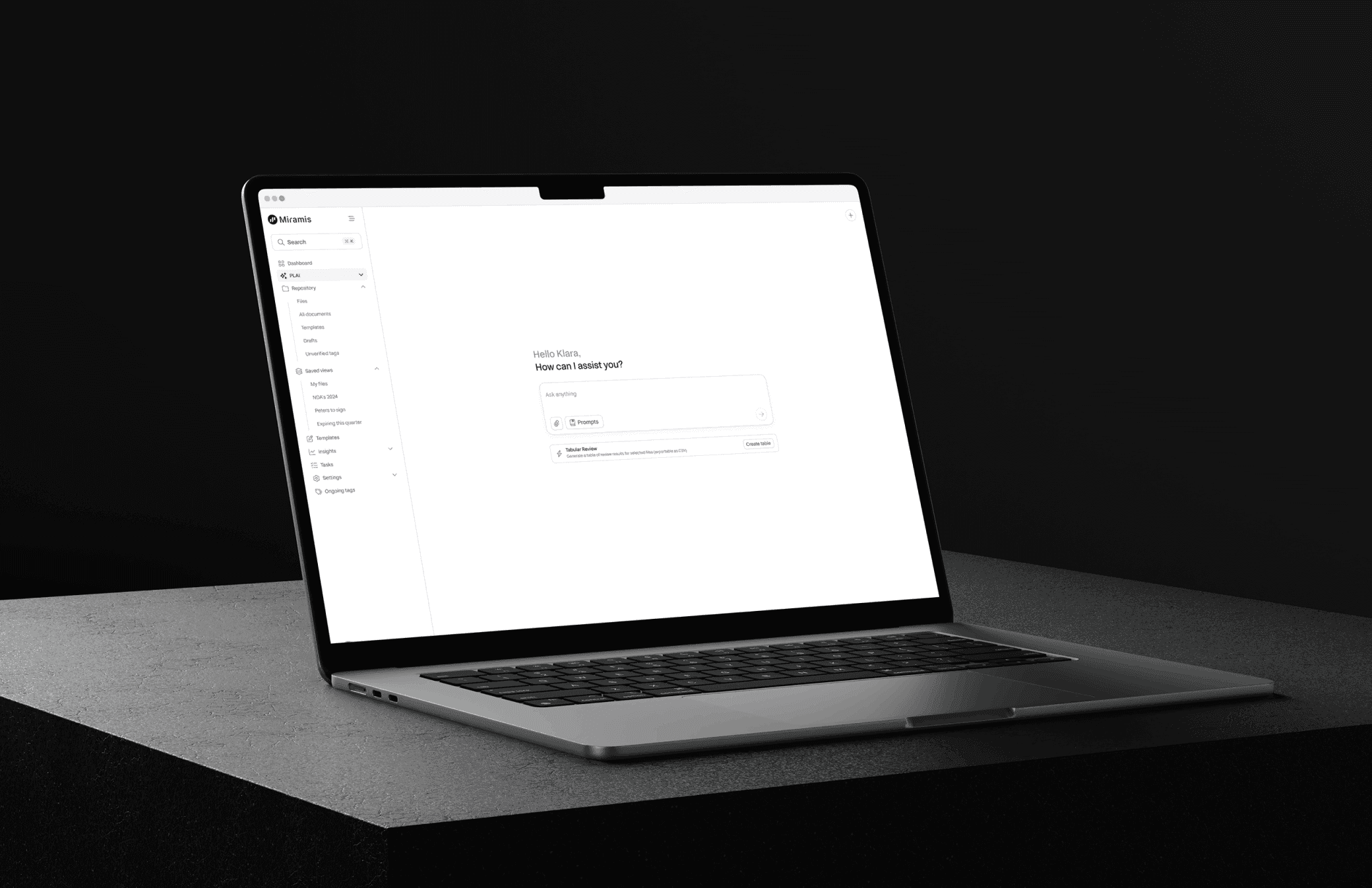 AI-based contract management software Pocketlaw for businesses of all sizes (small, medium, large), showcasing a user-friendly dashboard that streamlines legal workflow for clients and customers with options to create, review, and upload documents, access templates, and monitor document statistics.