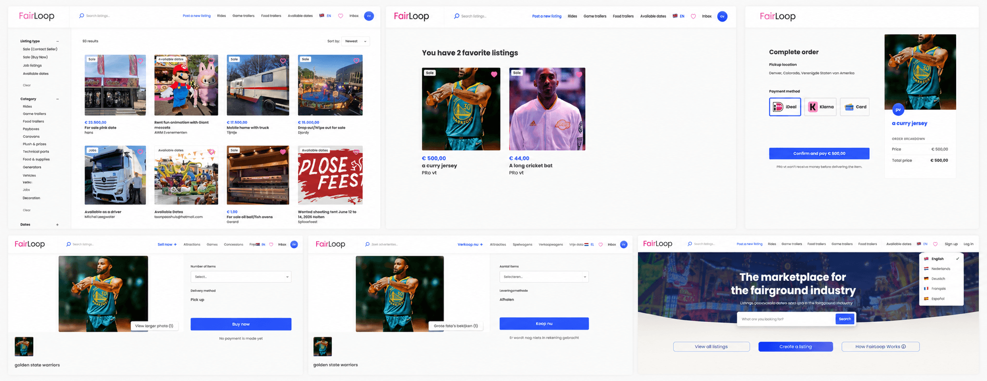 FairLoop marketplace homepage — multilingual Sharetribe marketplace for the fairground industry in the Netherlands