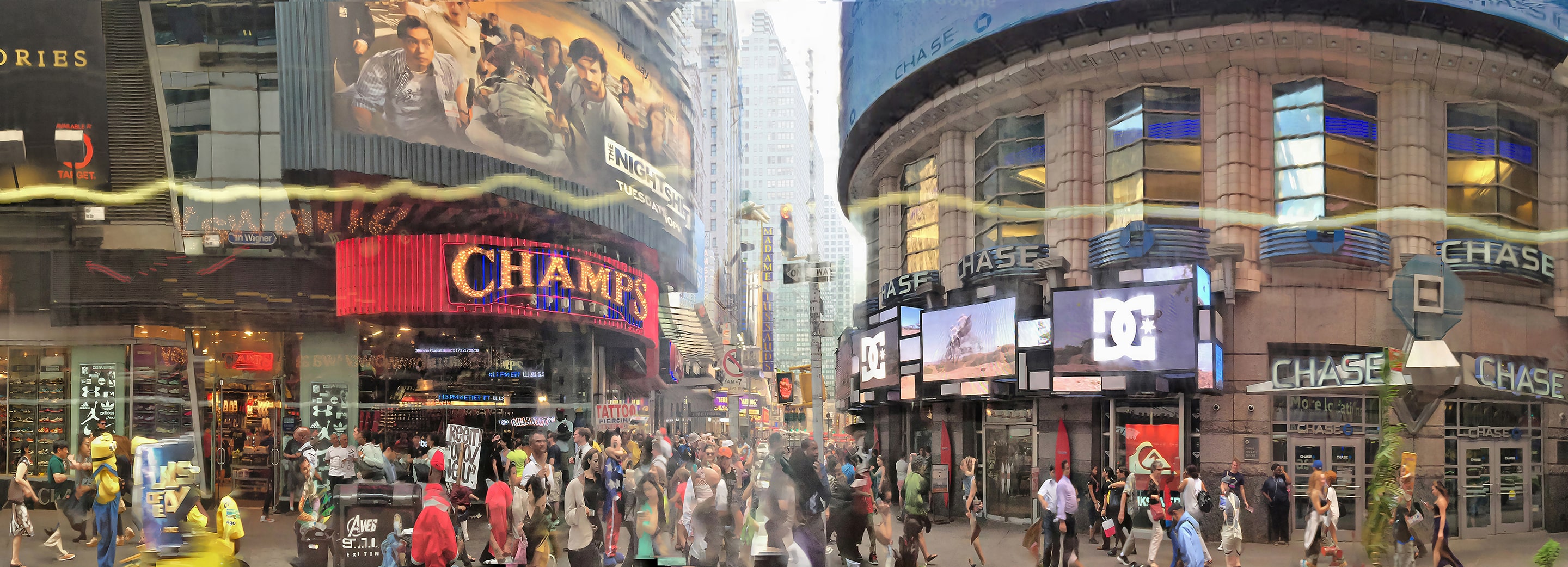 Panoramic photograph of a crowded city intersection filled with pedestrians and glowing billboards for Champs and Chase Bank. Subtle distortions ripple through the urban scene, turning movement, light, and reflection into a continuous flow of color and energy.