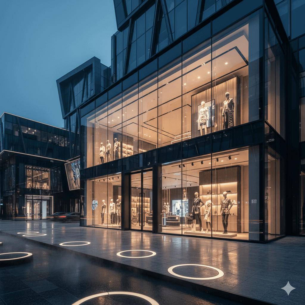 Modern luxury storefronts with high-end displays at Sector 111 Gurugram commercial hub.