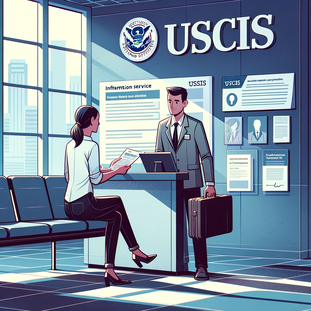 USCIS representative assisting an individual at a service counter.