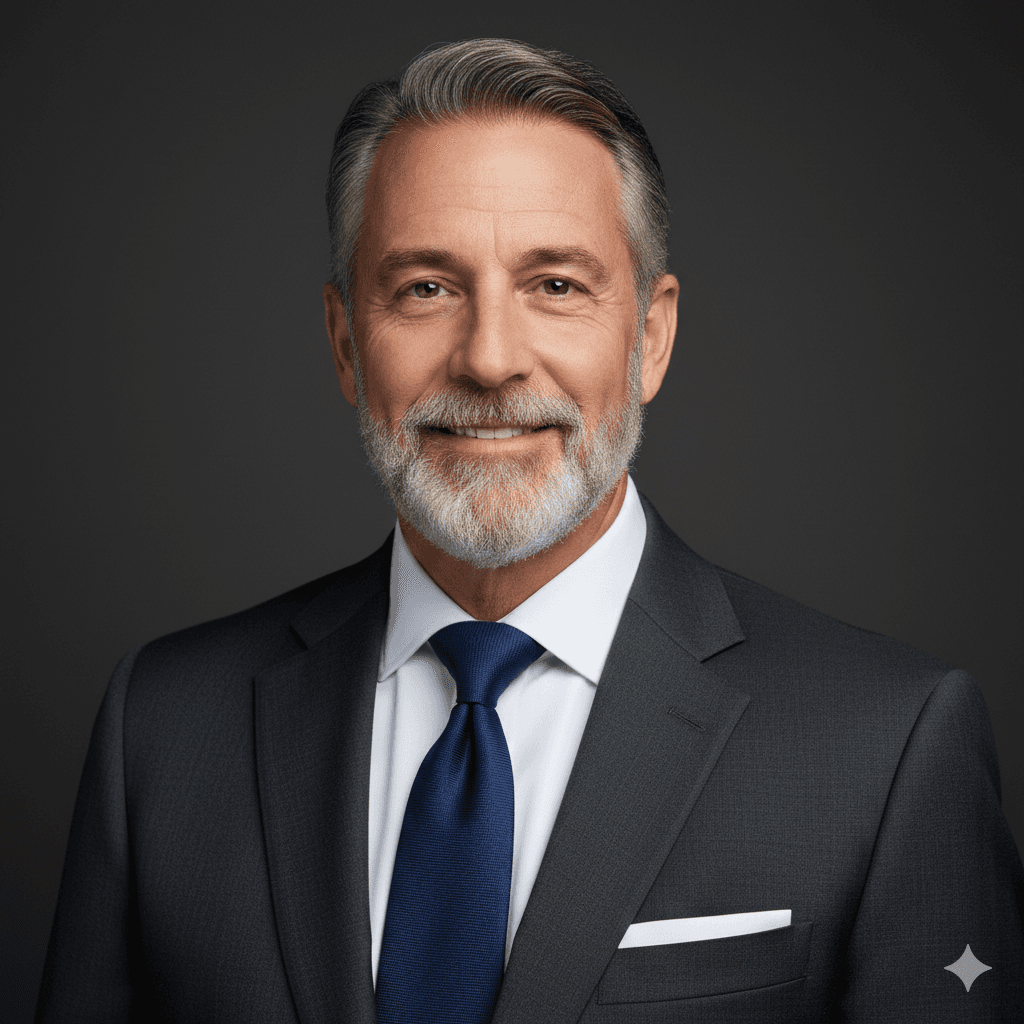 Elderly man with a gray beard smiles warmly while wearing a dark suit with a blue tie. The background is a neutral gray, conveying a professional tone.