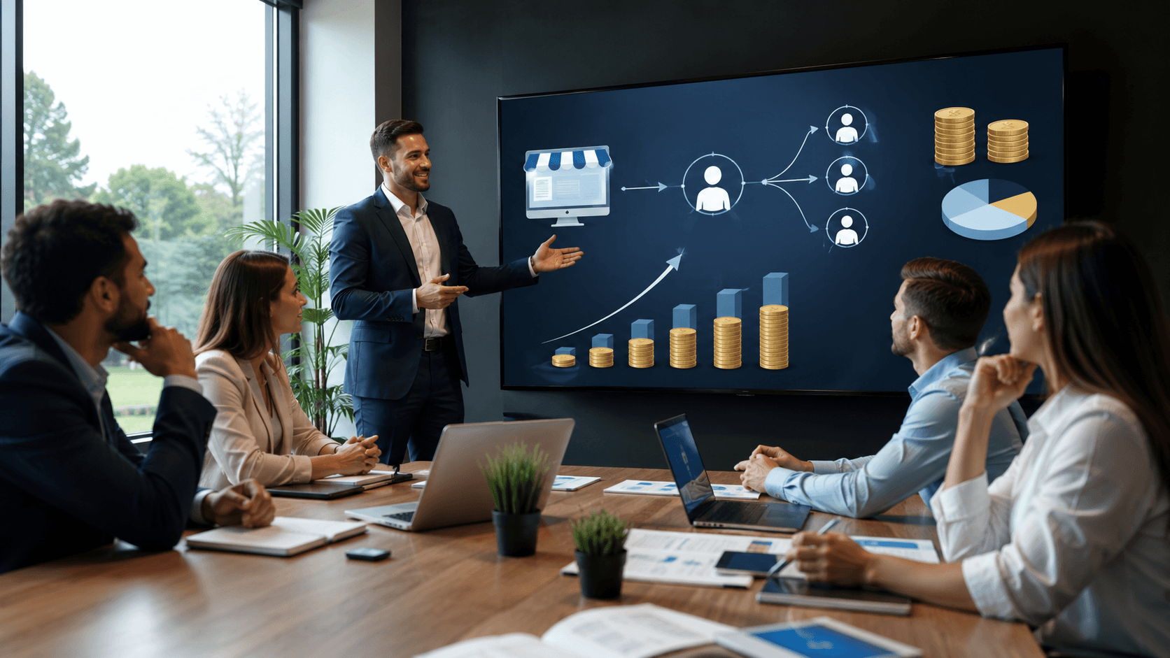 Cena corporativa em estilo realista 3D mostrando uma reunião estratégica em uma sala moderna. Um gestor apresenta, em uma grande tela digital, um fluxo de pedidos de um portal B2B sendo direcionado para representantes comerciais específicos. O diagrama exibe conexões entre uma loja online, representantes e indicadores de desempenho, com gráficos de crescimento e elementos financeiros ao fundo. Ao redor da mesa, profissionais acompanham a apresentação com atenção, sugerindo alinhamento comercial, definição de regras de atribuição de pedidos e modelos de remuneração antes da implantação de uma plataforma digital. Ambiente profissional, iluminação natural e foco em transformação comercial e gestão de vendas B2B.