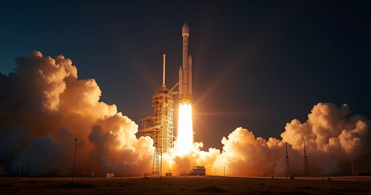 Foguete SLS sendo lançado na Flórida, exalando fumaça e fogo. 