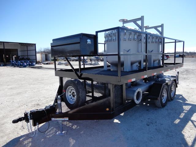 This is a filter trailer we built for a customer with welded metal supports, two large filter bodies, davots to raise and lift the lids, and a toolbox.  There are piping connections and a spare tire mount as well.  Our MIG welding and stick welding services were used to fabricate this project.