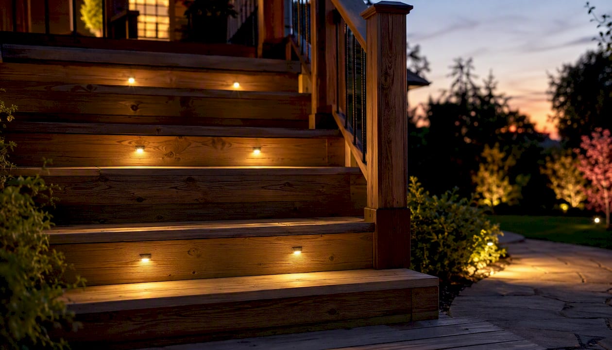 Recessed stair step lights glowing