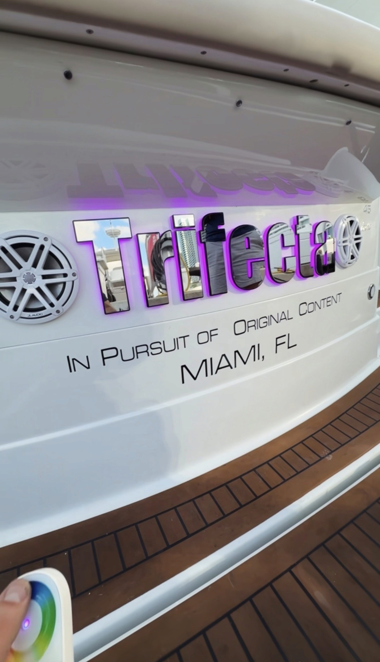 Purple LED illuminated 3D yacht name Trifecta with Miami FL hailing port