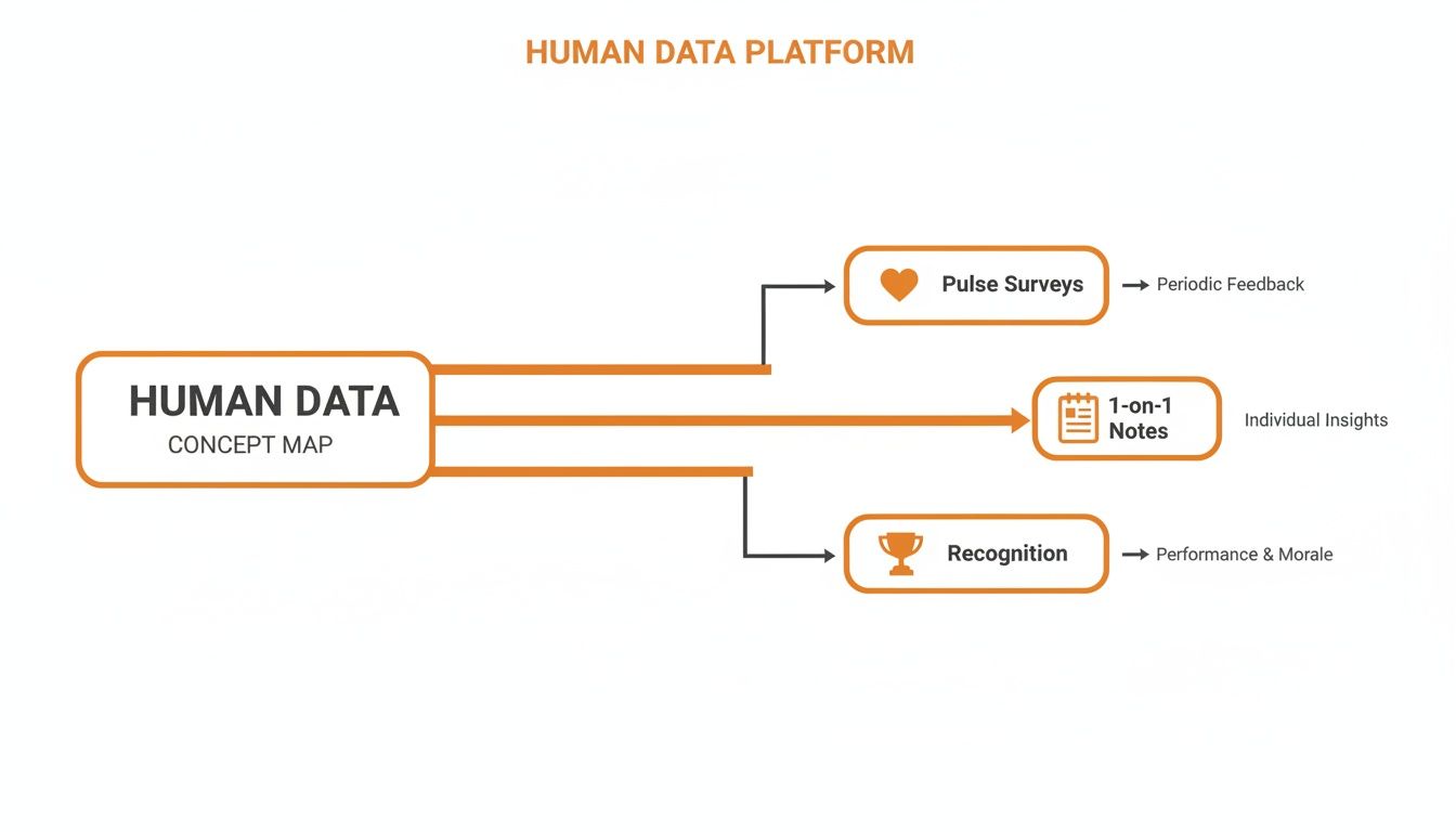 Concept map illustrating a Human Data Platform with pulse surveys, 1-on-1 notes, and recognition.