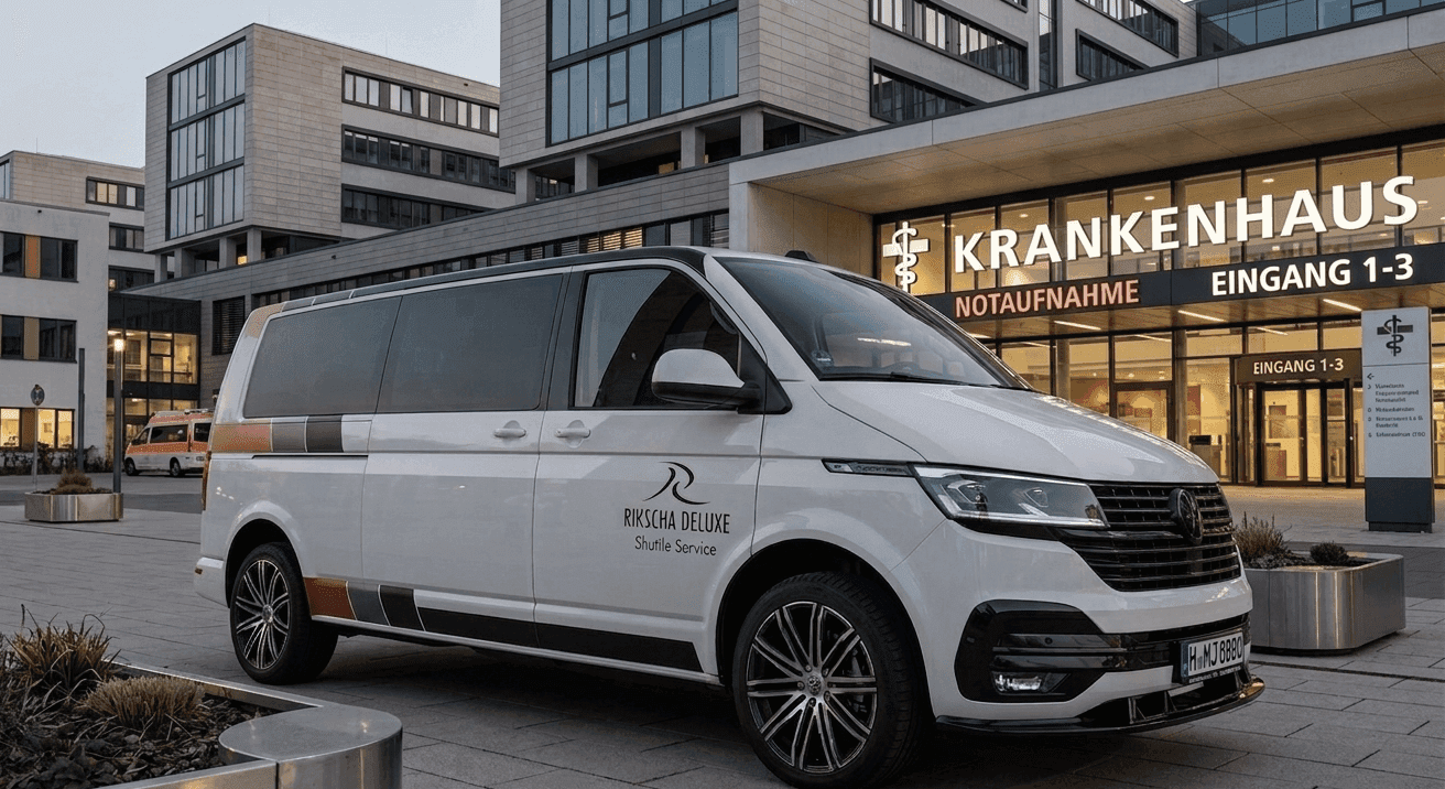 Weißer VW Bus mit Rikscha Deluxe Beschriftung, geparkt vor einem modernen Krankenhaus.​​​​​​​​​​​​​​​​