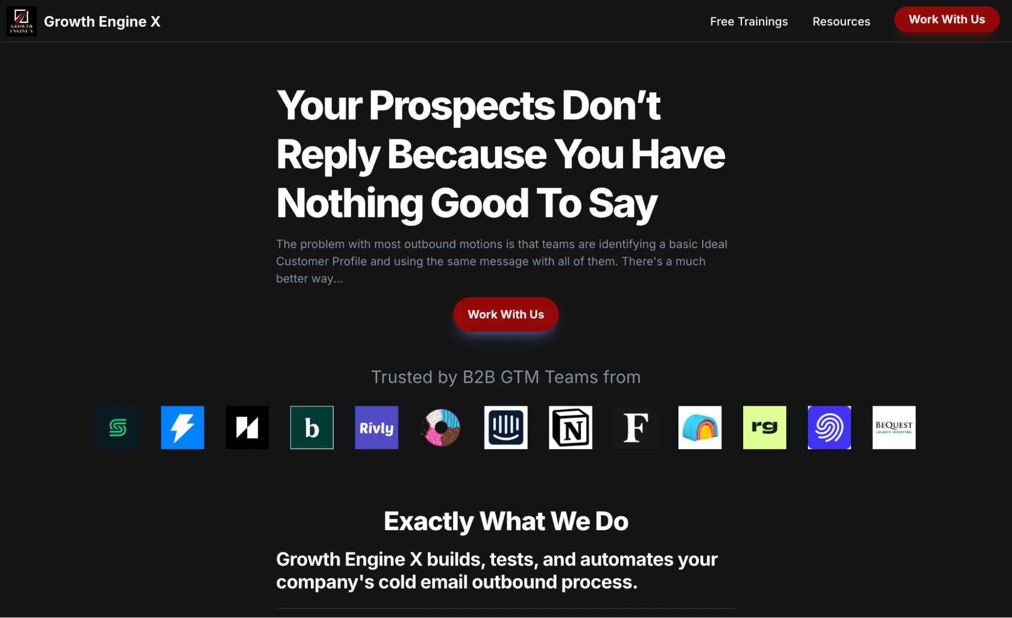 Growth Engine X homepage: founder-led Clay outbound agency that builds and automates cold email outbound