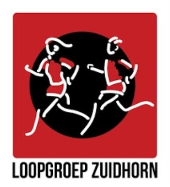 Two stylized line art figures in running poses, with bold red and black colors, accompanied by the text "Loopgroep Zuidhorn" below.