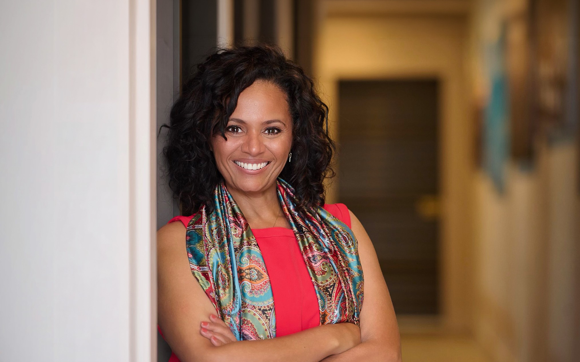 happy woman working on laptop and smiling