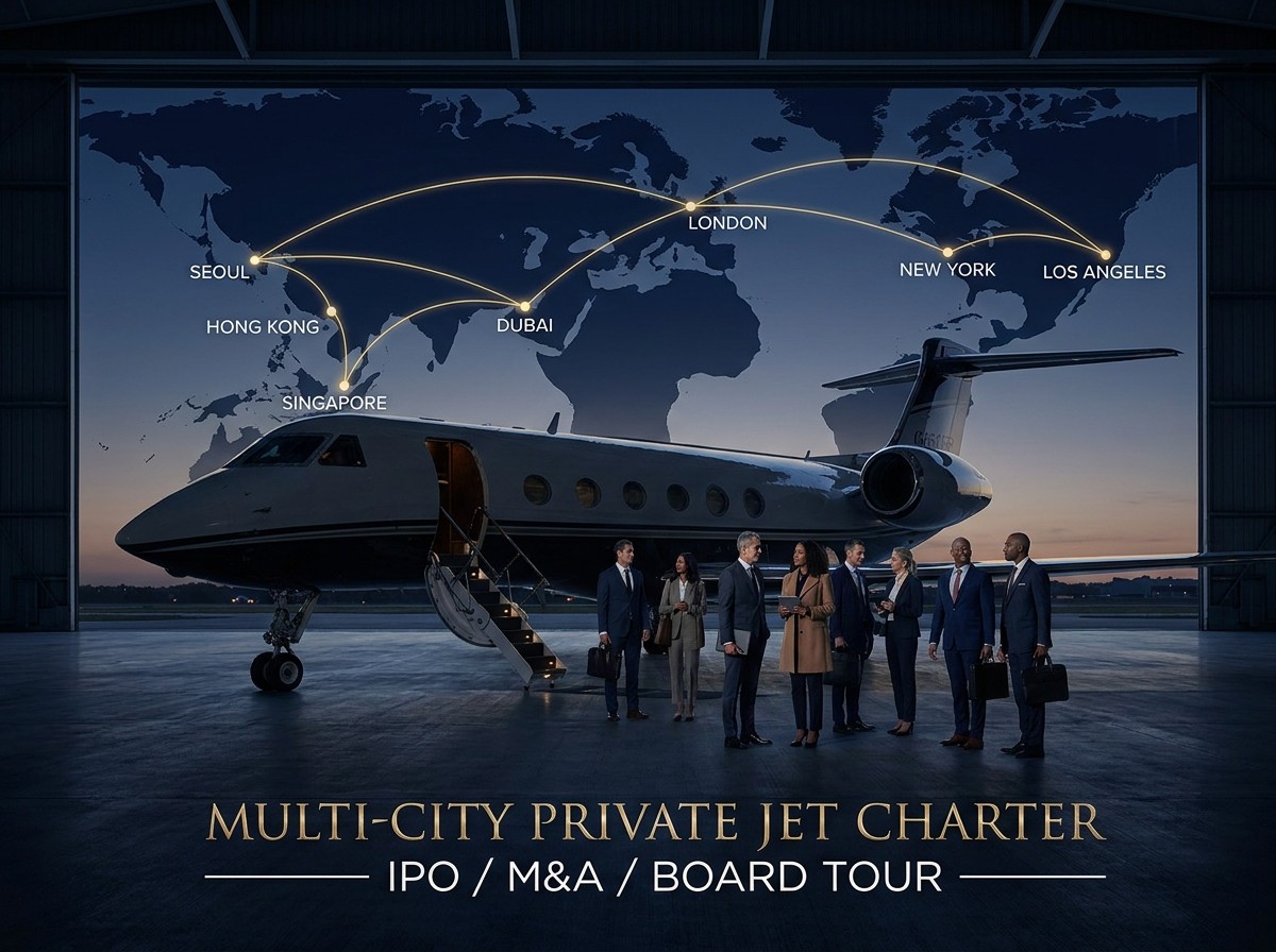 Multi-city private jet charter — IPO roadshow, M&A meetings, board tour across 7 cities Air Charter Korea 2026