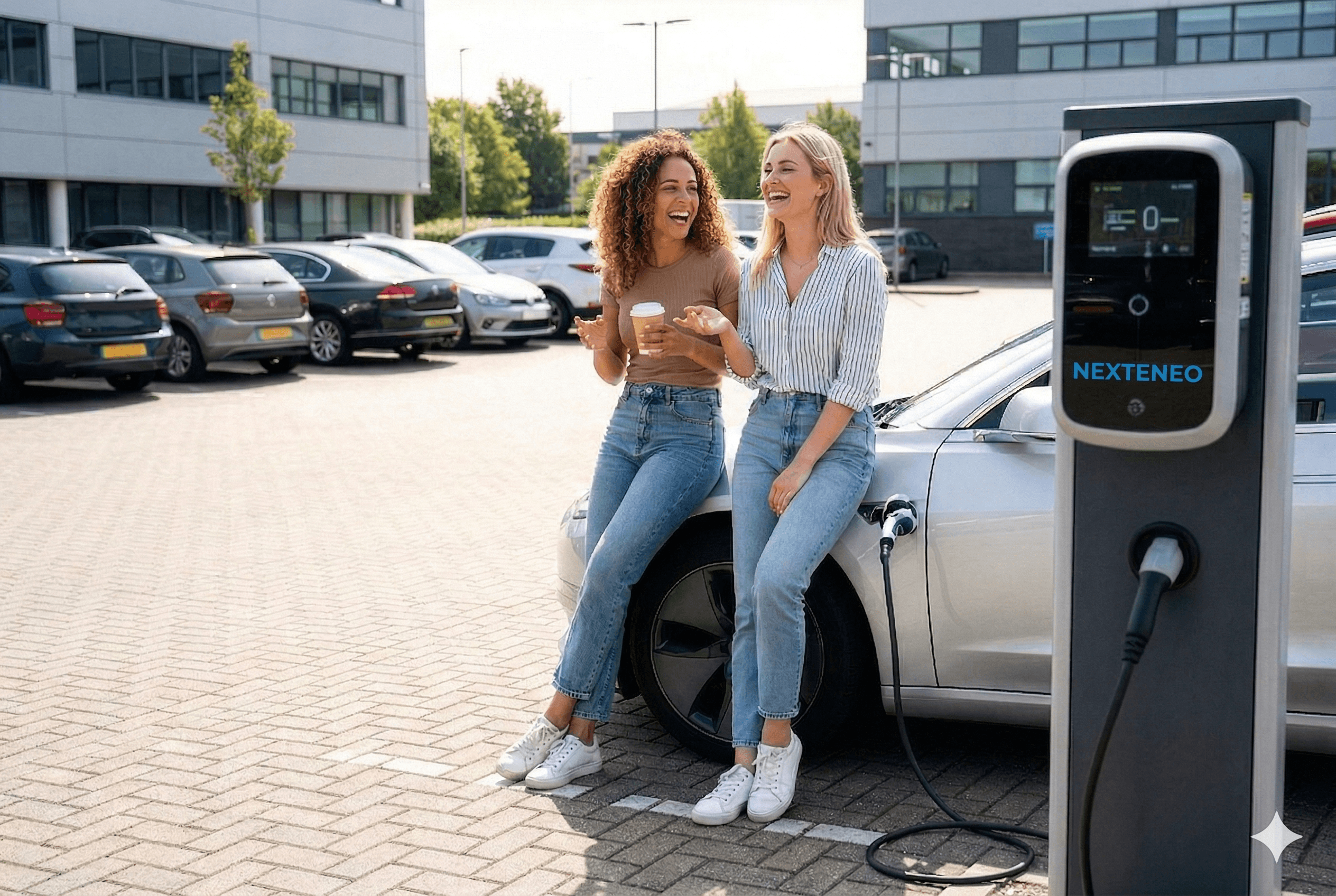 femmes rigolant en rechargeant leur véhicule électrique
