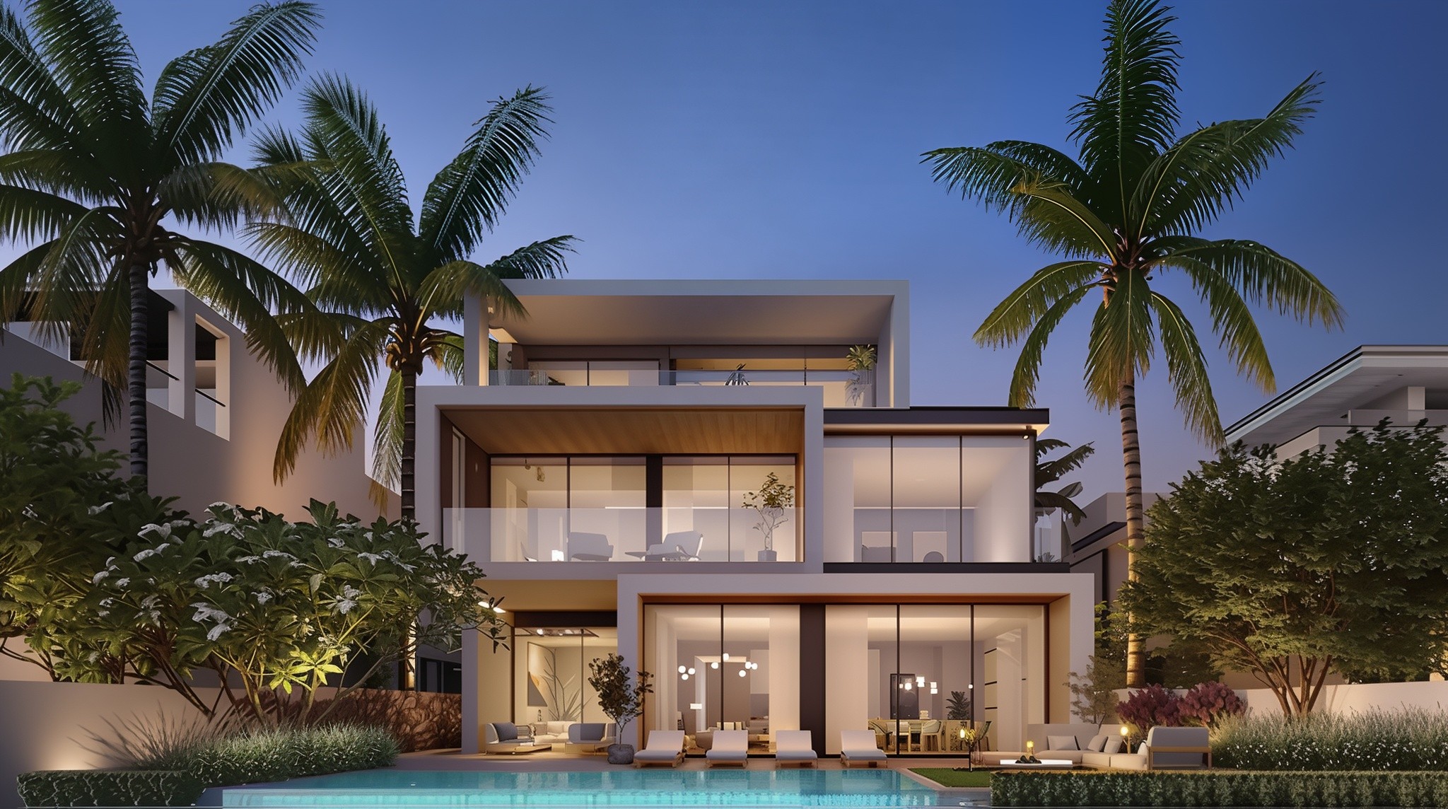 The luxurious pool at the Grand Polo Club and Resort villa in Dubai, surrounded by elegant landscaping and sun loungers.