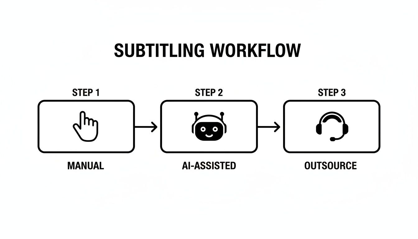 A three-step subtitling workflow outlining manual, AI-assisted, and outsourced production methods.