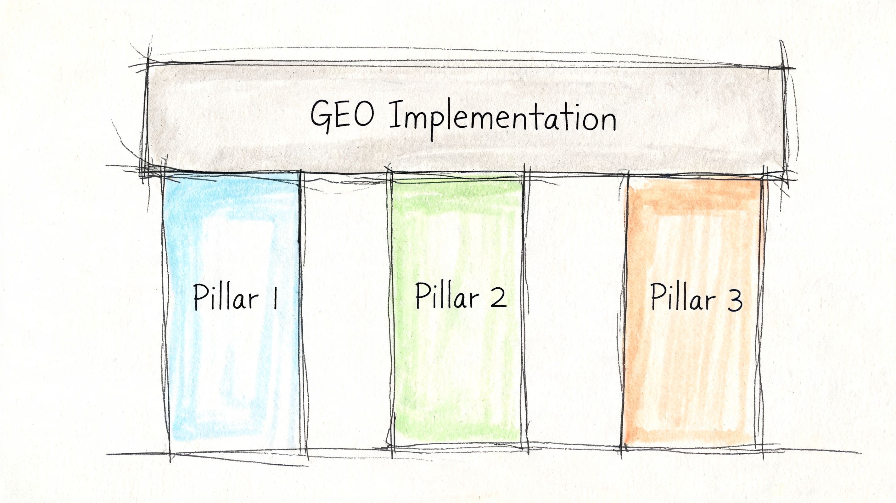 A hand-drawn sketch showing a title block labeled GEO Implementation supported by three colorful rectangular pillars.