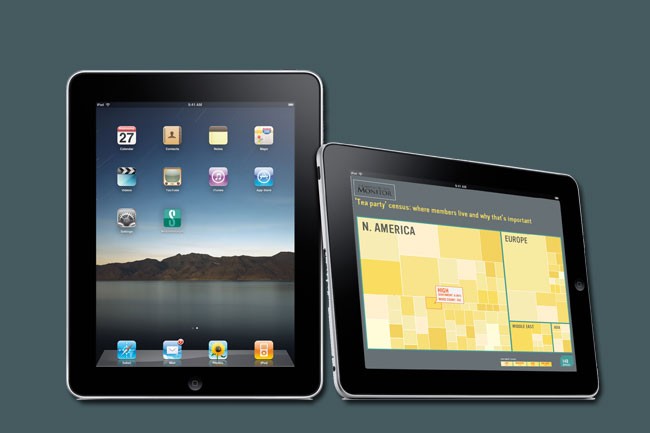 Two iPads are displayed side by side against a dark gray background. The iPad on the left shows a home screen with app icons including Calendar, Photos, App Store, Mail, Maps, Videos, and Settings. The iPad on the right displays a map titled “MONITOR: ‘Tea party’ census: where members live and why that’s important” with “N AMERICA” and “EUROPE” highlighted.
